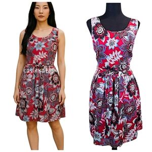 Talbots Red Jacquard Floral Tie Waist Fit & Flare Dress 10P Cotton Preppy Summer